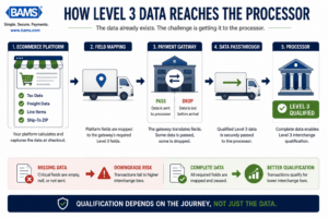 Professional ecommerce infographic illustrating how tax and freight data travels from the shopping cart through the gateway to qualify for Level 3 interchange rates.