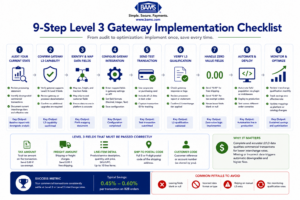 Professional fintech infographic outlining the nine essential steps to implement Level 3 payment gateway integration, including auditing qualification, mapping fields, configuring APIs, validating transactions, handling zero-value fields, and monitoring interchange rates.