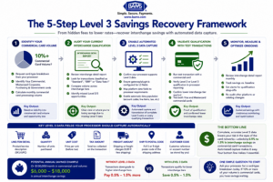 Professional fintech infographic outlining a five-step framework for identifying commercial card volume, auditing interchange qualification, enabling automated Level 3 data capture, validating transaction qualification, and monitoring ongoing interchange savings.