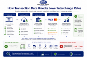 Professional fintech infographic illustrating how Level 2 and Level 3 transaction data flows from an ecommerce platform through a payment gateway to the processor and card network, helping qualifying commercial transactions receive lower interchange rates.