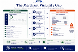 Executive-style fintech infographic illustrating the difference between what processors can see and what merchants typically see on their statements.