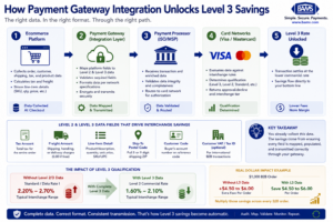 Professional fintech infographic illustrating how an ecommerce platform sends Level 2 and Level 3 transaction data through a payment gateway API to the payment processor and card networks, enabling commercial transactions to qualify for lower interchange rates.