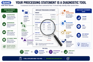 Executive fintech infographic showing how a merchant processing statement can be analyzed to uncover hidden optimization opportunities.
