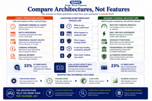 Editorial fintech infographic comparing legacy processor architecture against modern funding architecture, showing how batch timing, weekend handling, holds, and funding defaults influence deposit speed.