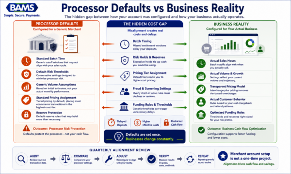Executive fintech infographic comparing generic merchant account defaults against configurations optimized for actual ecommerce transaction patterns.