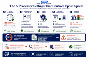 Enterprise fintech infographic showing the five processor configuration settings that determine whether merchant deposits settle quickly or get delayed by holds, fraud reviews, and batch timing issues.