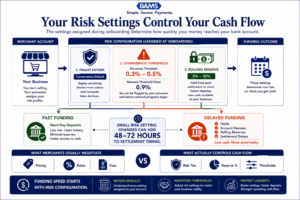 Enterprise fintech infographic showing how processor-assigned risk settings such as reserves, chargeback thresholds, and fraud filters directly influence deposit timing and funding speed.