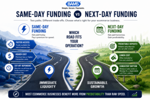 Professional comparison infographic showing the operational differences between same-day and next-day merchant funding for ecommerce businesses.