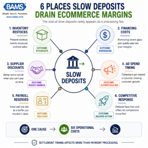Professional ecommerce infographic showing six operational areas negatively affected by delayed payment deposits.