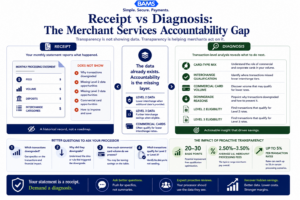 Editorial fintech infographic comparing passive monthly statements to proactive transaction-level analysis that identifies interchange savings and payment processing optimization opportunities.