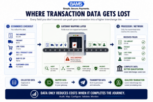 Professional infographic showing how checkout fields such as tax, freight, and line-item data can fail to reach the payment gateway and card networks.