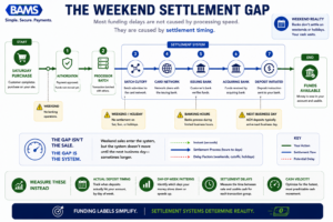 Transit-map style fintech infographic showing how weekend transactions move through the settlement pipeline and why deposits often arrive later than merchants expect.