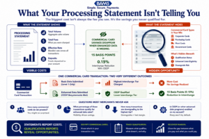 Enterprise fintech infographic comparing what merchant statements display versus what commercial card interchange qualification data reveals beneath the surface.