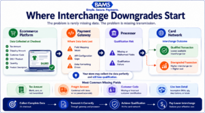 Professional fintech infographic illustrating how ecommerce transaction data can be lost between the platform, gateway, processor, and card network, causing interchange downgrades.