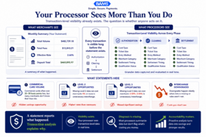 Enterprise fintech infographic showing the difference between what merchants see on monthly statements and what processors see at the transaction level across authorization, clearing, and settlement.