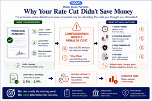 Enterprise fintech infographic showing how processor setup defaults quietly rebuild payment processing costs even after merchants negotiate lower rates.