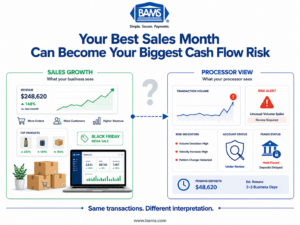 Professional fintech illustration showing rapid sales growth triggering payment holds due to unexpected transaction volume.