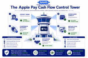 Professional fintech infographic illustrating the operational control points that determine whether Apple Pay transactions improve cash flow, including funding speed, interchange visibility, dispute management, reporting, and contract flexibility.