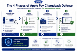 Professional fintech infographic illustrating the four phases of Apple Pay chargeback defense, including transaction visibility, fraud screening, evidence architecture, and dispute response execution.