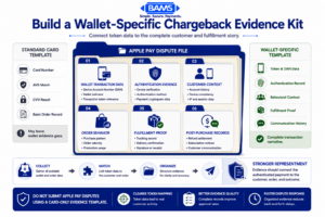 Professional fintech infographic showing the evidence merchants should collect for Apple Pay chargebacks, including wallet transaction identifiers, authentication records, customer data, fulfillment proof, refund records, and communication history.