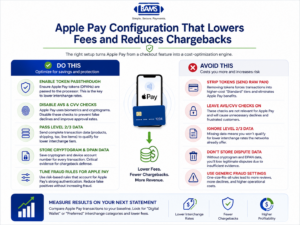 Professional fintech infographic showing the recommended Apple Pay configuration settings that reduce interchange fees and chargeback risk, including token passthrough, Level 2 and Level 3 data, fraud rule optimization, and dispute evidence collection.