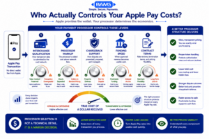 Professional fintech infographic showing how a payment processor controls the real cost of Apple Pay through processor markup, interchange qualification, chargeback support, funding speed, pricing transparency, and contract terms.
