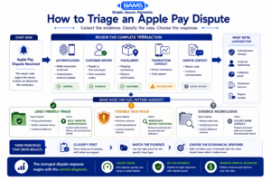 Professional fintech infographic showing how merchants can triage Apple Pay disputes by collecting authentication, customer history, shipping, transaction, and reason-code evidence before classifying the case as likely friendly fraud, possible true fraud, or inconclusive.
