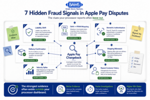 Professional fintech investigation-style infographic highlighting seven hidden fraud signals in Apple Pay disputes, including liability shifts, token mapping gaps, authentication methods, shipping mismatches, repeat customers, velocity spikes, and delivery evidence.