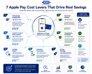 Professional fintech infographic showing the seven cost drivers behind Apple Pay payment processing, including interchange, Level 2 and Level 3 data, processor markup, chargebacks, funding speed, checkout conversion, and pricing strategy.