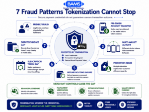 Professional fintech infographic showing seven Apple Pay fraud and chargeback patterns that can survive tokenization, including friendly fraud, account takeover, multi-wallet abuse, promotion abuse, refund failures, subscription gaps, and dispute evidence problems.