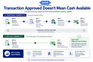 Professional fintech timeline infographic comparing the difference between an approved Apple Pay transaction and when funds actually become available, highlighting how funding delays impact working capital.