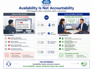 Split comparison infographic showing how remote processor support differs from a local Brooklyn merchant services partner with named accountability.