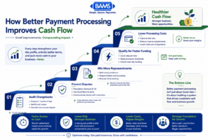 Professional fintech ladder infographic showing how payment processor improvements lead to better cash flow through fewer chargebacks, faster settlements, lower costs, improved funding, and stronger business growth.