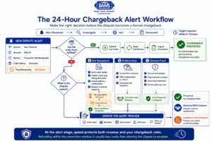 Decision-flow infographic showing how an eCommerce team should respond to chargeback alerts based on fulfillment status and dispute reason.