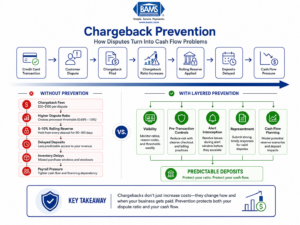 Professional infographic illustrating how chargebacks trigger reserve holds, delayed deposits, and cash flow disruption, alongside a prevention framework that protects merchant funding.