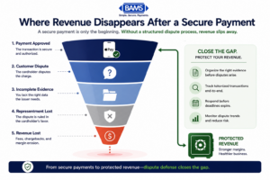 Professional fintech funnel infographic showing how secure digital wallet transactions can still result in revenue loss through friendly fraud, chargebacks, failed representments, fees, and margin erosion.