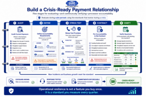 Five-stage framework for auditing payment risks, defining service standards, stress-testing processors, documenting commitments, and verifying performance.
