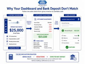 Infographic showing how gross eCommerce sales become net bank deposits after fees, refunds, chargebacks, reserves, and settlement timing.