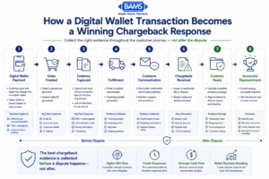 Professional fintech workflow infographic showing how digital wallet transaction data becomes a complete chargeback evidence package through transaction capture, documentation, fulfillment records, customer communications, and dispute response.