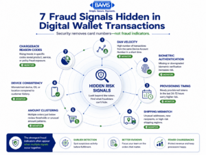 Professional fintech radar infographic highlighting seven hidden fraud signals in digital wallet transactions, including DAN velocity, biometric authentication, provisioning timing, shipping mismatches, transaction clustering, device consistency, and chargeback reason codes.
