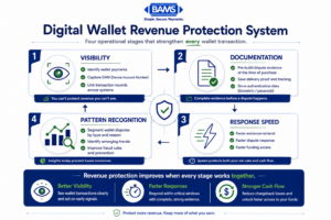 Professional fintech infographic illustrating a four-stage revenue protection framework for digital wallet transactions, including visibility, documentation, response speed, and fraud pattern recognition.