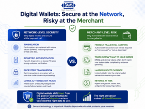 Professional fintech infographic comparing digital wallet network security with merchant chargeback risks, highlighting tokenization, biometric authentication, dispute evidence challenges, and revenue protection for eCommerce businesses.