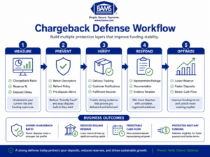 Infographic showing a step-by-step chargeback defense workflow that helps eCommerce merchants reduce rolling reserves, protect deposits, and maintain next-day funding eligibility.