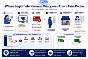 Professional fintech infographic showing how a legitimate eCommerce customer can be incorrectly declined at checkout, leave without contacting support, purchase from a competitor, and create hidden revenue and lifetime-value losses.