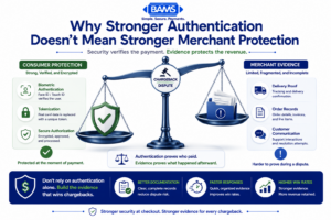 Professional fintech infographic illustrating the imbalance between consumer mobile payment security and merchant chargeback evidence using a balance scale comparing biometric authentication with available dispute evidence.