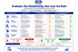 Scorecard infographic for evaluating merchant service providers across support response, error ownership, funding transparency, chargebacks, and contracts.