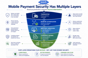Professional fintech infographic illustrating the layered security model of mobile payments, showing how tokenization, biometric authentication, merchant operations, dispute management, and customer communication work together to reduce chargebacks.
