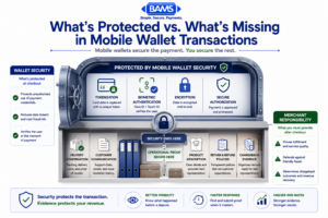 Professional fintech cross-section infographic comparing protected mobile payment data with the operational evidence merchants still need to defend chargebacks.