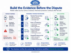 Infographic showing the evidence ecommerce merchants need to defend contactless payment and mobile wallet chargebacks.