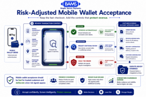 Professional fintech infographic illustrating a risk-adjusted mobile wallet acceptance model that evaluates transaction context, captures post-purchase evidence, and prepares merchants for chargeback disputes.